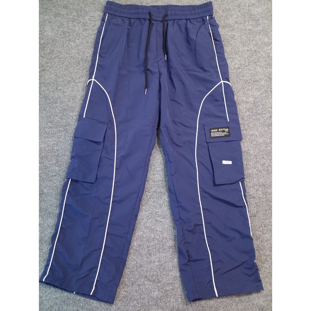 Y2K Reflective Cargo Parachute Pants Men’s Large Blue Wide Leg Techwear